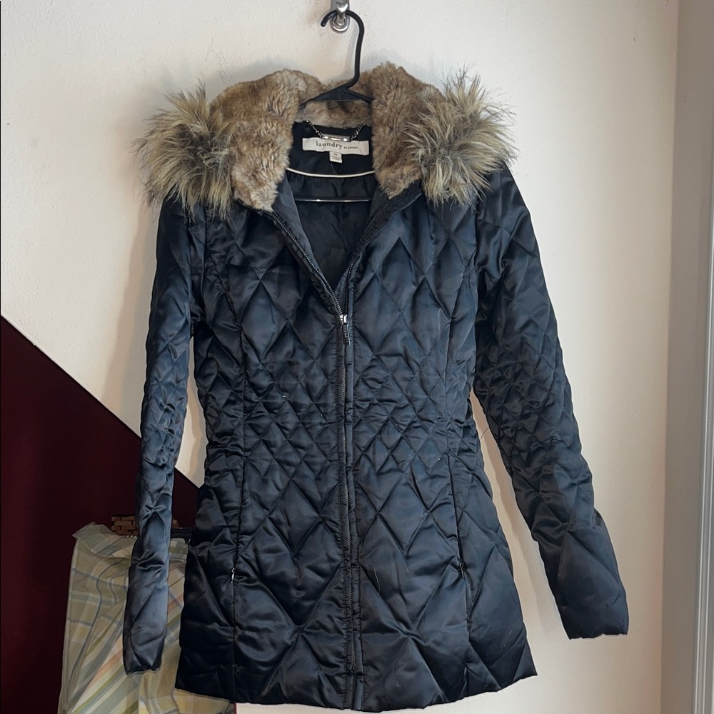 Laundry By Shelli Segal Black Quilted Puffer Coat with Faux Fur Trim